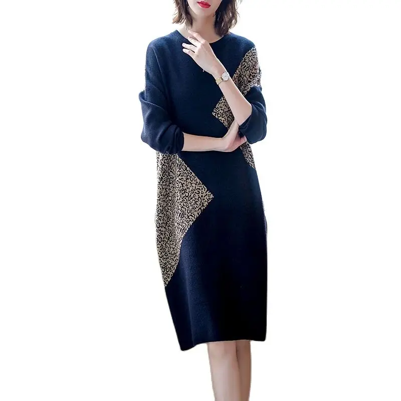 

Leopard print knit dress for women autumn and winter clothes round neck long sleeve knitted sweater elegant