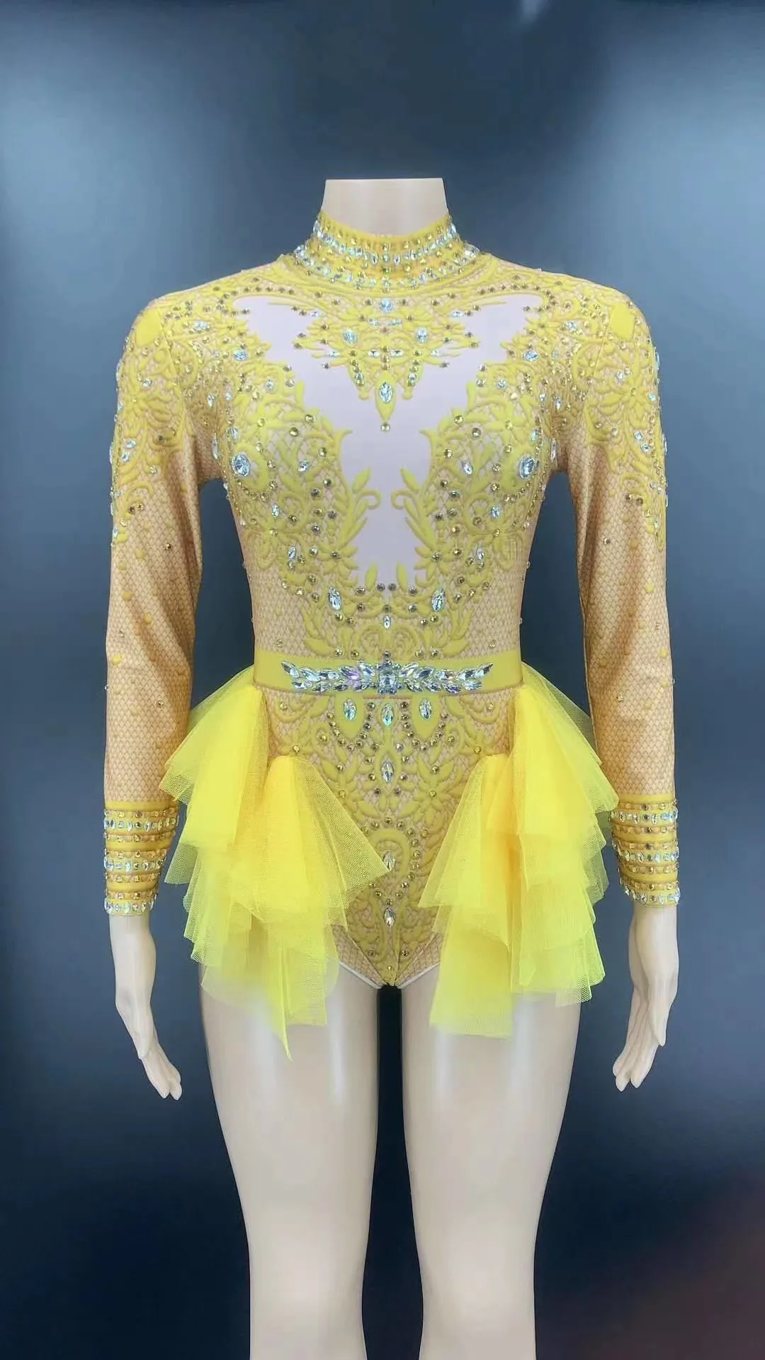 Red Yellow Mesh Sparkly Rhinestones Bodysuit Stretch Sexy DJ Pole Dancing Acrobatic Performance Crystals Leotard Spandex Costume