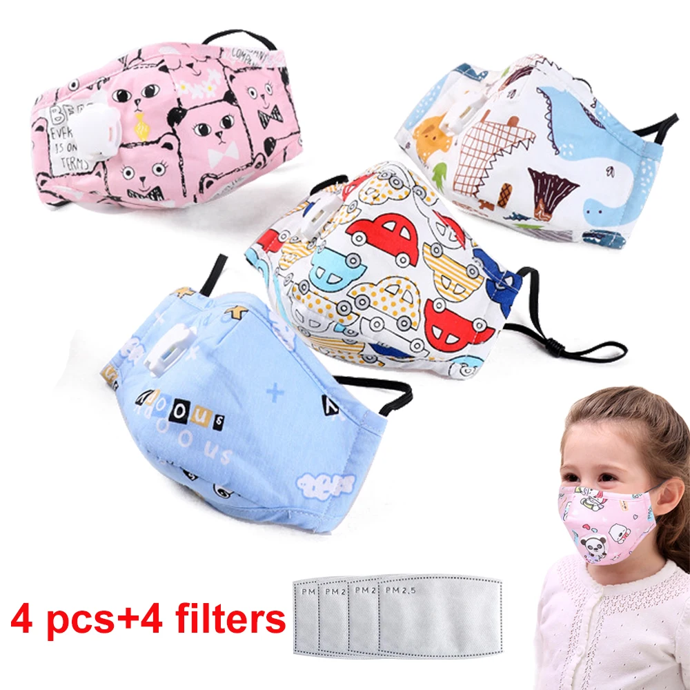 

4 Set Kids Anti Pollution PM2.5 Cotton Cartoon Mouth Mask Breath Valve Filter Papers Kids Anti-Dust Mask Activated Carbon Filter