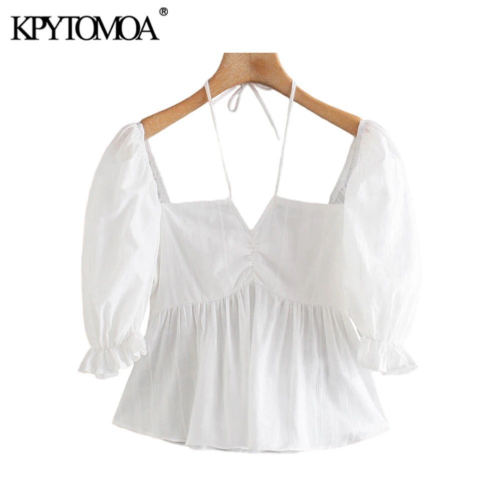 

KPYTOMOA Women 2021 Sweet Fashion With Tie Ruffled White Crop Blouses Vintage Backless Short Sleeve Female Shirts Chic Tops