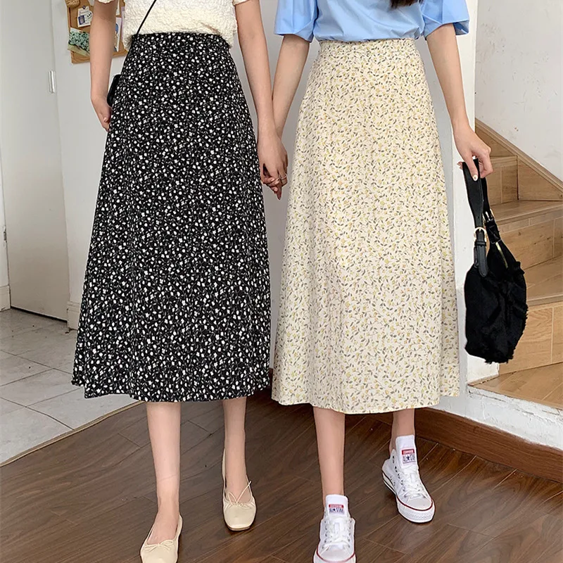 

SML 2 Colors Floral Women Skirt High Waist Spring Summer Female Midi Skirts Holiday Ladies A line skirts female (72021