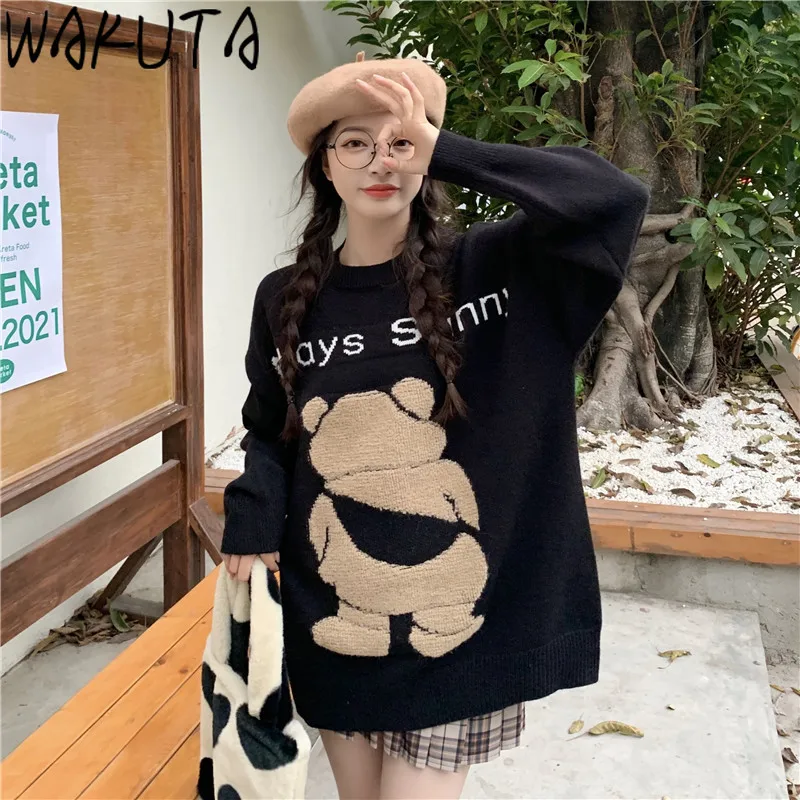 

Bear Sweater 2021 Autumn Winter Korean Style White Black Pullover Chic Cartton Jumper Female Pewrry Casual Knitted Tops