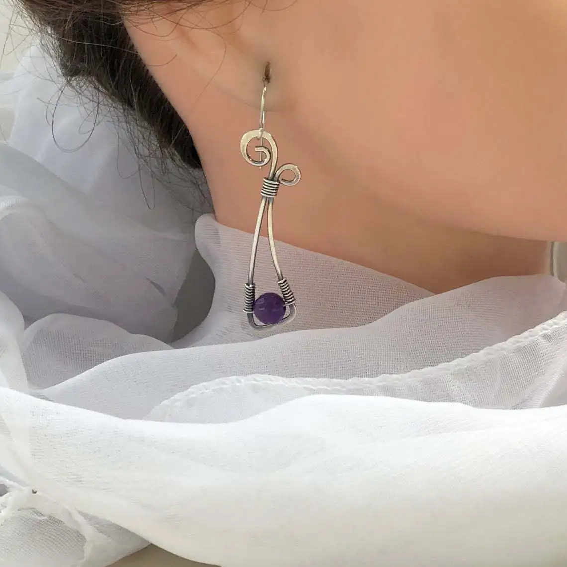 

Bohemian Hippie Purple Amethyst Earrings Personality Creative Retro Gothic Winding Ancient Silver Gem Earrings