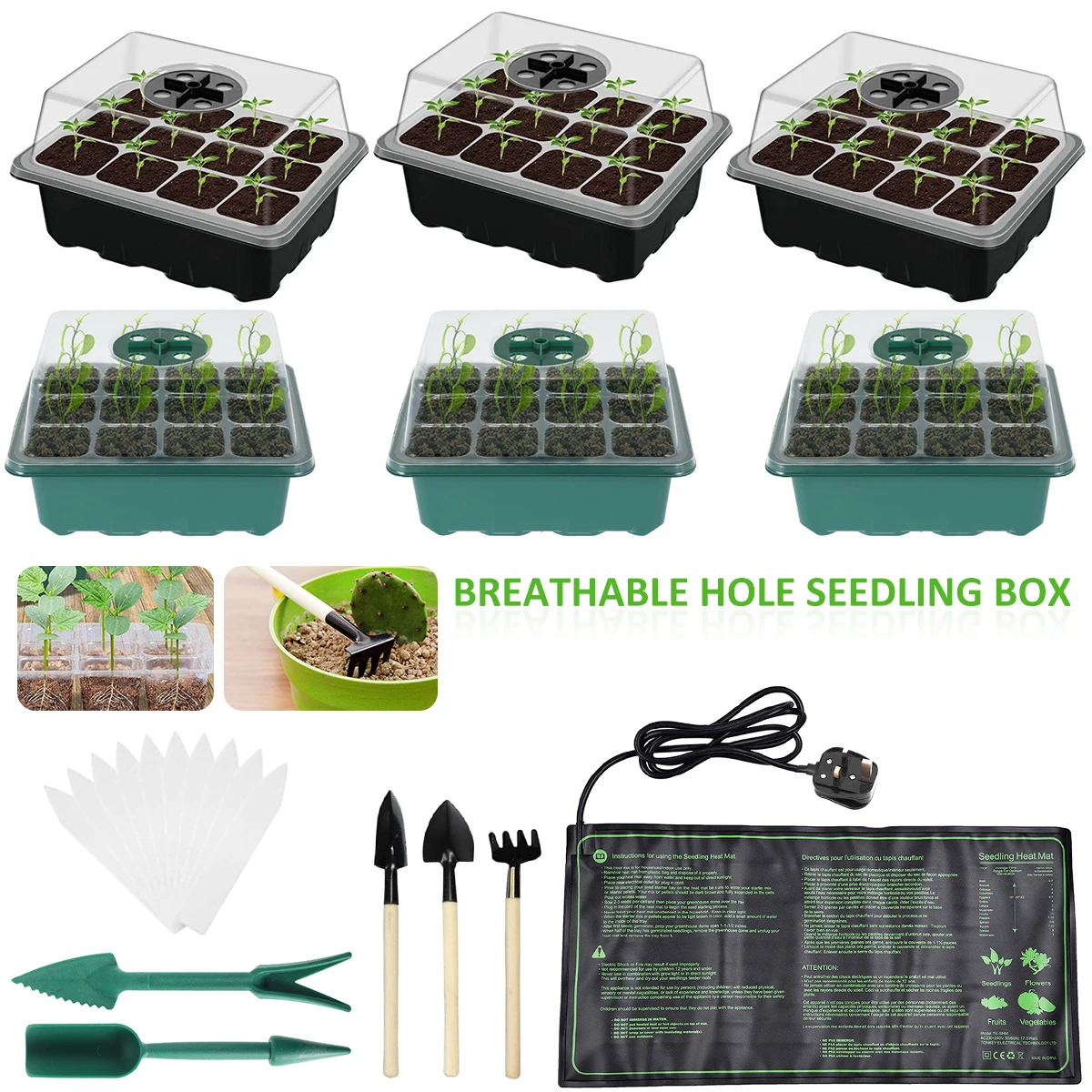 

6Pcs 12Holes Nursery Pots 2Pcs Seedling Transplanters 10Pcs Straight Labels 3Pcs Gardening Tools 1xHeating Pad Seed Starter Kit