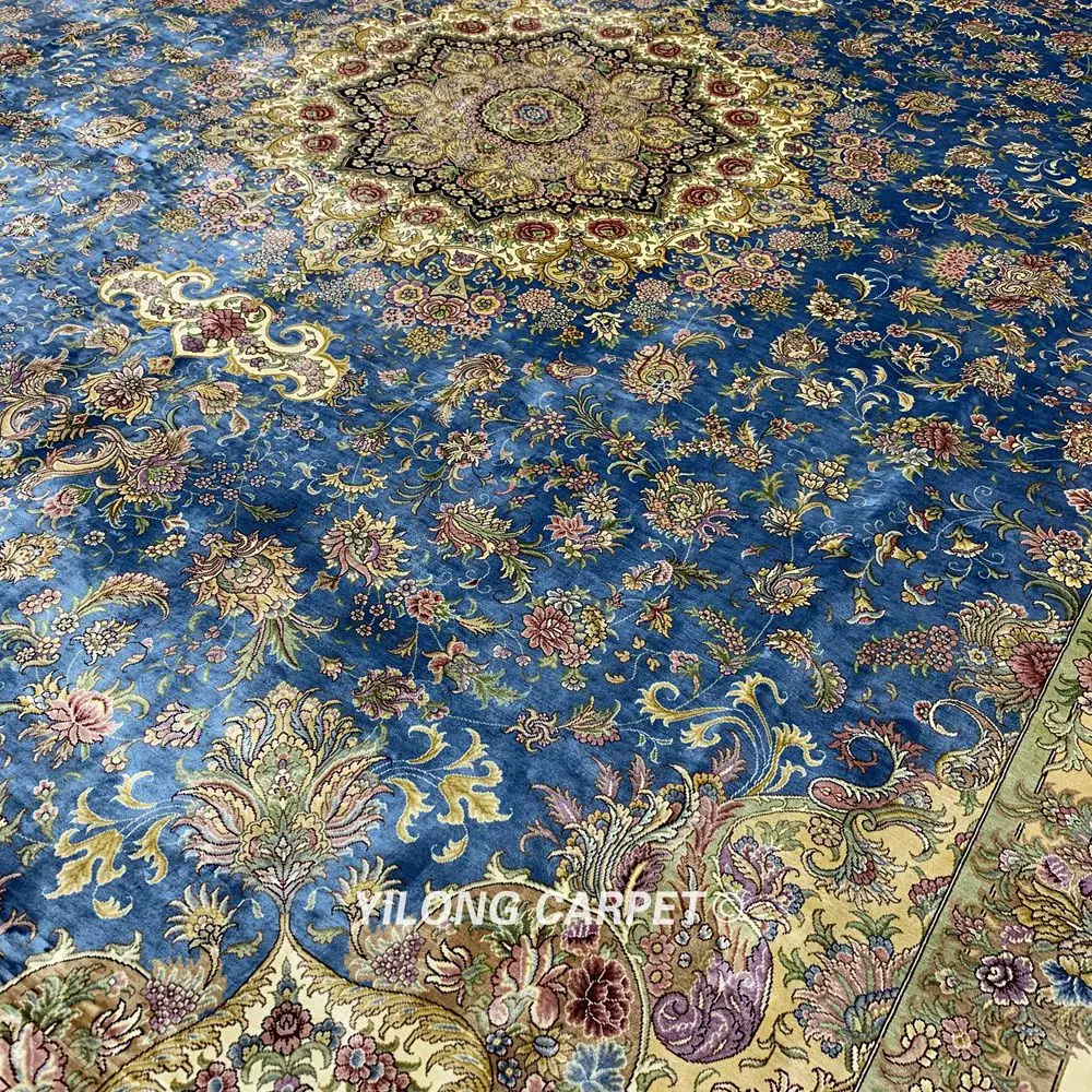 Yilong 10'x14 'ручной работы Турция Hereke ковры медальон синий персидский шелковые ковры(ZQG369A