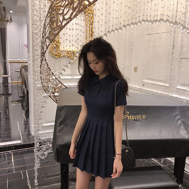 

Preppy short-sleeved black Dress 2021 New Summer pleated Short Dress Slim High waist Fashion Casual Dress Women