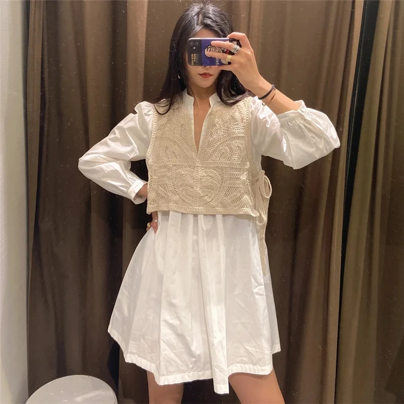 

KRSB Summer Women's Beige Hollow Out Fake Two Piece Dress V-Neck Long Sleeve Aline Loose Long Sleeve Mini Dress Elegant Holiday