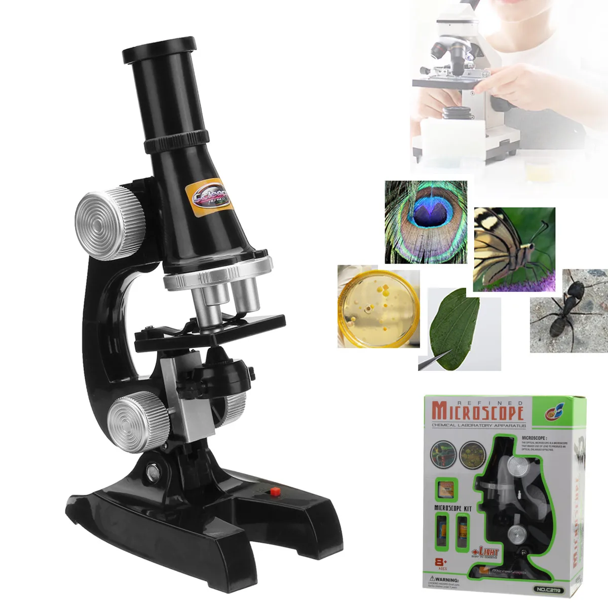 

LED Lab Microscope Kit 100X-200X- 450X Home School Science Educational Toy Gift Refined For Kids Child Biological Microscope