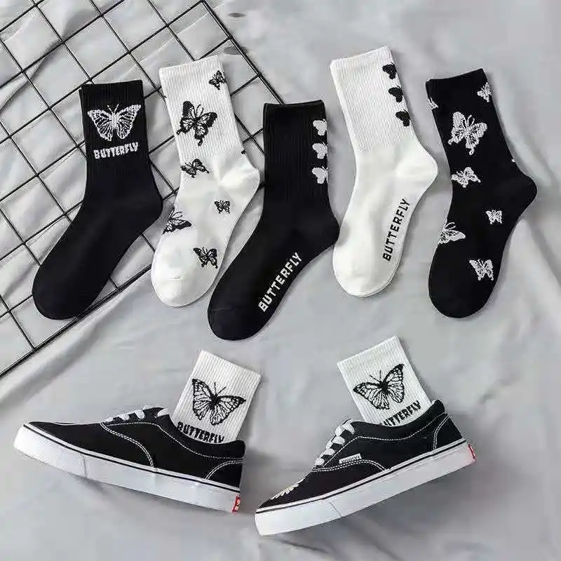 

Palm Angel Butterfly Socks Letter Female Solid Color Korean Pure Cotton Comfortable All-Match Black White Stockings Ins Fashion