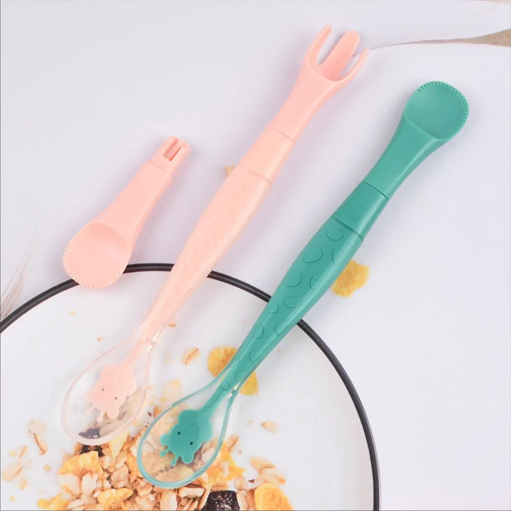 Silicone Spoon Candy Color Hot Sale Baby Soft Temperature Sensing Spoon Tools Soup Ladle 2 in 1 Baby Learning Spoon Fork Set