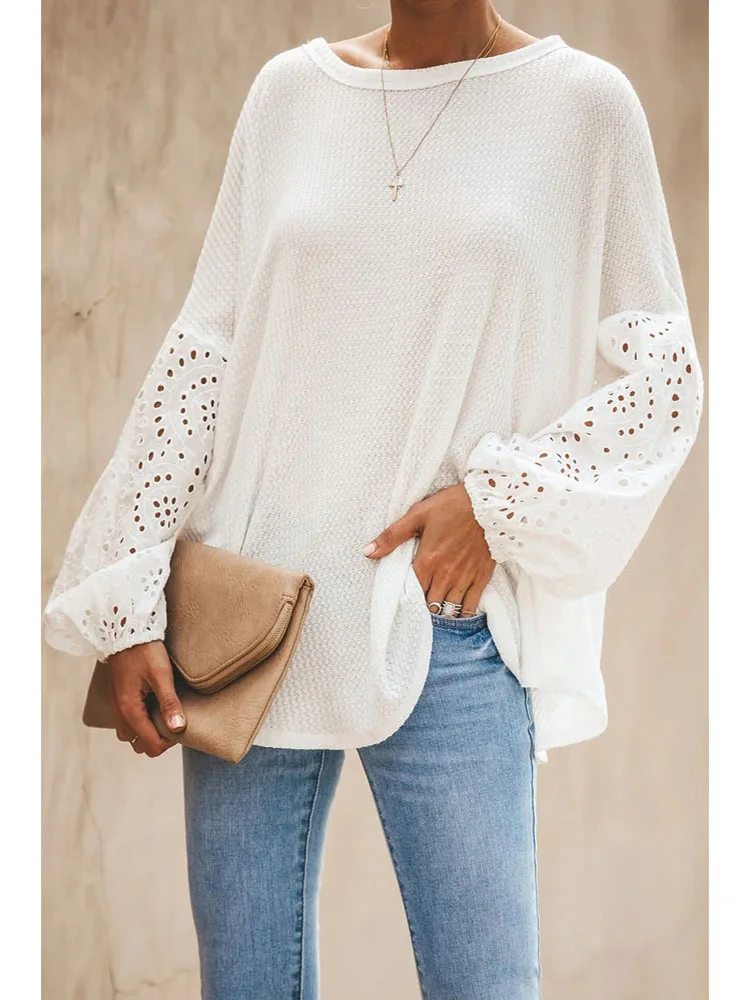 

Elegant Lace Long Sleeve Shirt Women Vintage Hollow Out O-Neck Solid Tops Autumn Female Casual Top T-Shirt