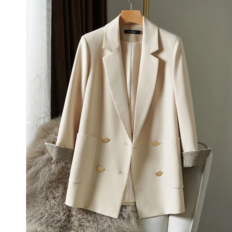 

Korean Black Suit Jacket Female Spring and Autumn Style Loose Casual Double-breasted Mid-length British Style Small Suit