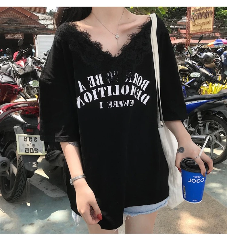 

Women Clothes Summer Letter Print Tshirt Harajuku Girls Large Size Lace T Shirt Cute White Black Tee Shirt Femme Camiseta Mujer