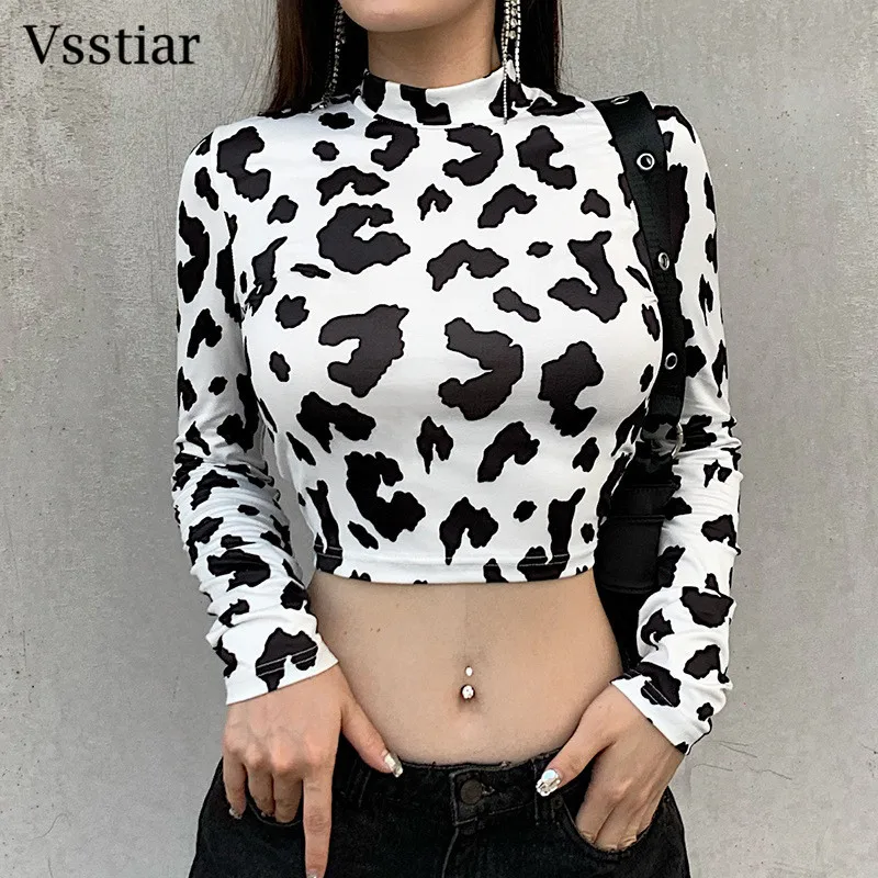 

Vsstiar молочный Леопардовый принт рубашки с высоким воротником стрейч длинный рукав футболка женская уличная одежда Тонкий Повседневный кор...