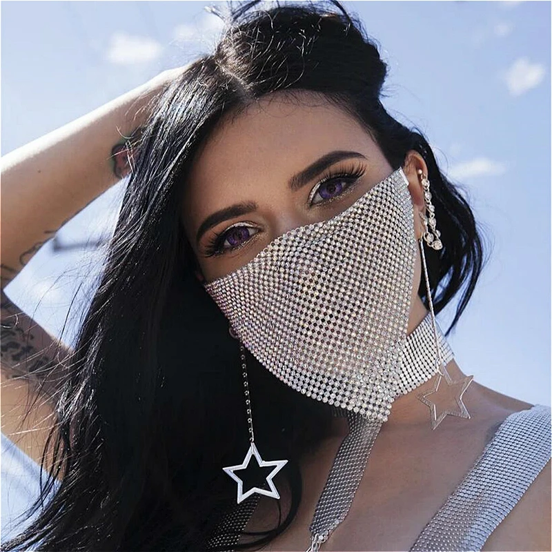 

Fashion Sexy Glitter Rhinestone Masks Women Crystal Decoration Jewelry Face Mouth Mask Mesh Net Wedding Party Night Club Gifts