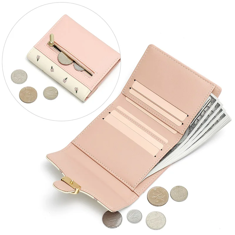 

Brand Designer Trifold Flower Pattern Women Wallets Small Pu Leather Zipper Coin Purse Card Holder Short Female Wallet Ladies