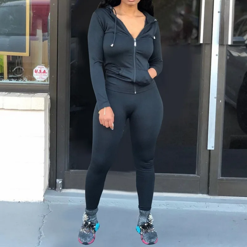 

2021 Autumn Two Piece Set Women Long Sleeve Hooded Zipper Pocket Sporty Jackets+leggings Matching Sets Workout Stretchy Outfits
