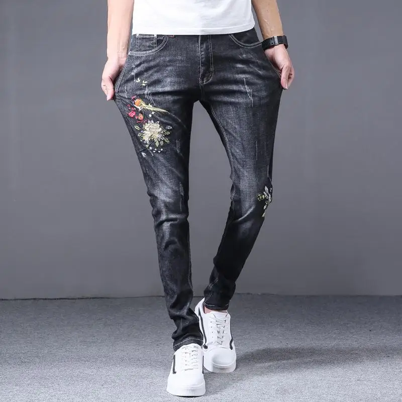 

New Arrivals Men's Fashion Vintage Embroidered Stretch Jeans Slim Fit Denim Pants Biker Trousers
