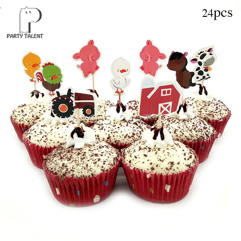 24pcs cupcaketopper Boys Kids Farm Animal theme table cloth table cover, birthday party Tableware Balloon Candy Box Flag Plate Cup Party Supplies - Цвет: 24pcs cupcaketopper