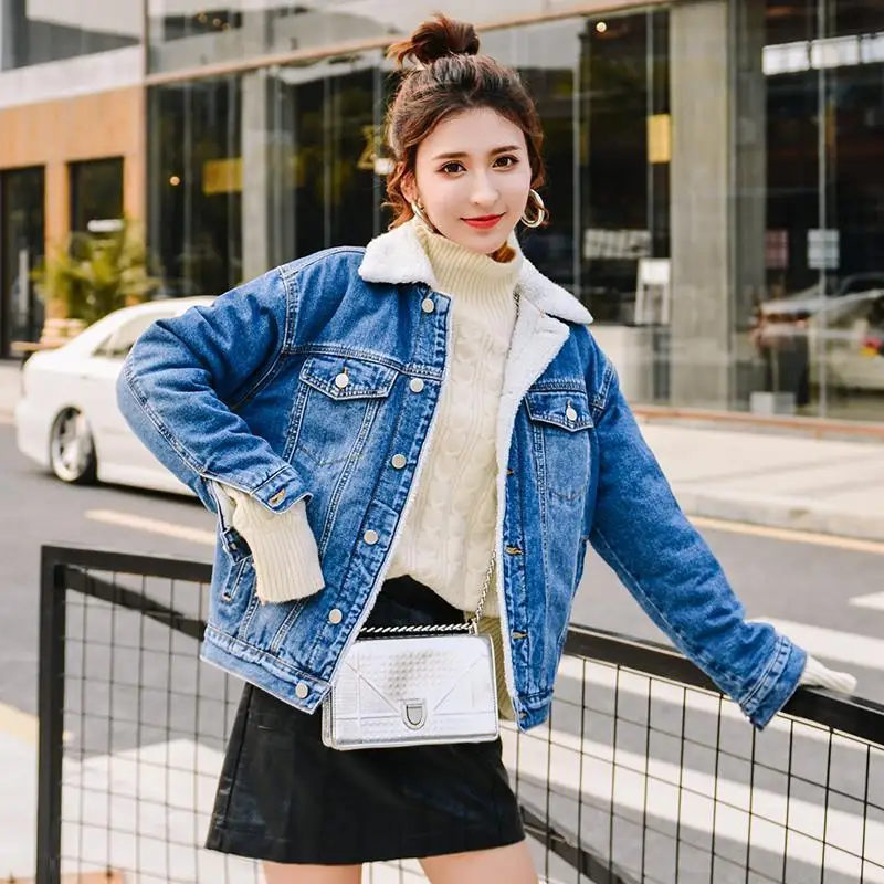 

Basic Jackets Denim Daily Outwear Street Wear Womens Student Harajuku Korean Style with Fur Short Warm Thickening Trendy L14