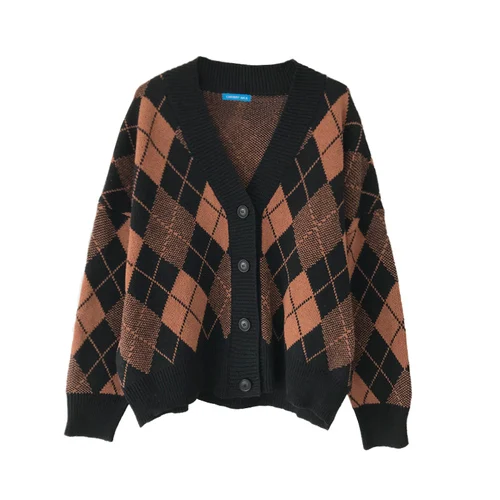 

Women Sweater cardigan Vintage Plaid Cardigan Winter Sweaters Casual Loose Knitted Open Stitch V-neck diamond grid cardigans