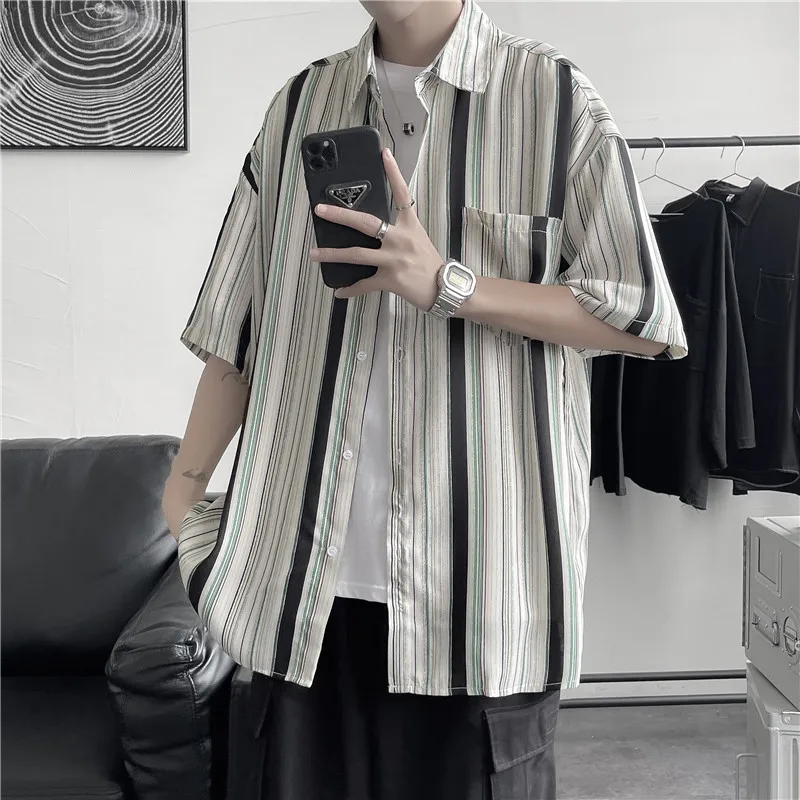 

Plus Size 5XL-M Summer Wide Stripes Shirts For Men Clothing 2021 Simple Front Pocket Half Sleeve Loose Casual Chemise Homme Sale