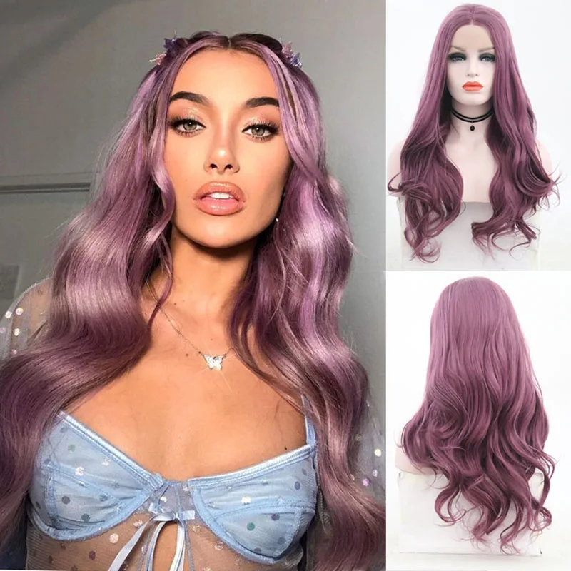 

AIMEYA Dark Laven Purple Synthetic Lace Front Wig Long Loose Wave Middle Part for Women High Temperature Hair Lace Wigs