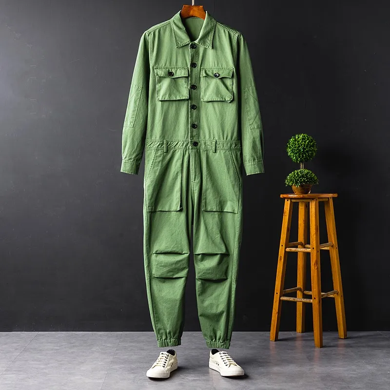 

Hip Hop Unisex Costumes Casual Cargo Jumpsuits Long Sleeve Single Breasted Top Full Length Pants Male Loose Overalls Plus Size