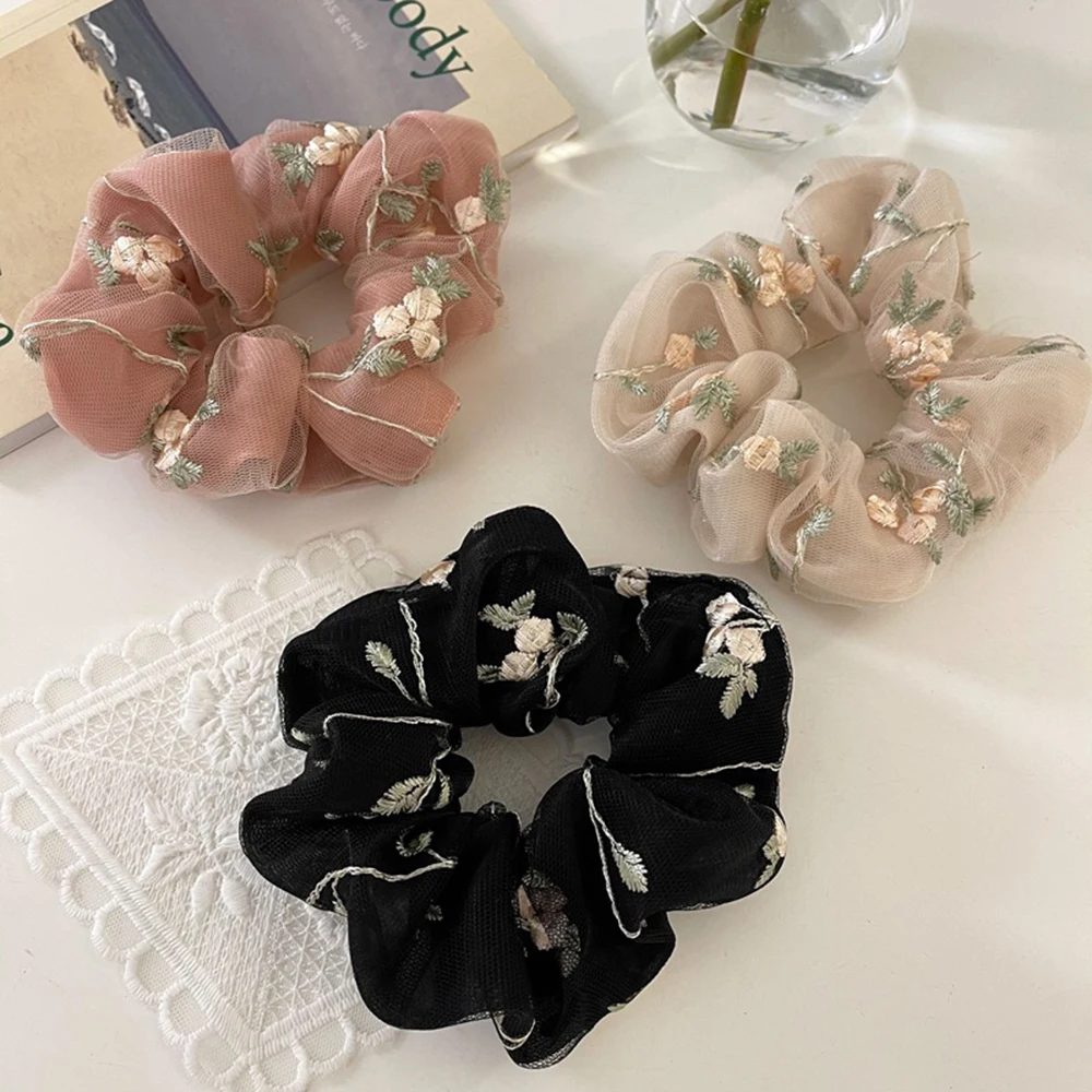 

Fashion Chiffon Hair Scrunchies Lace Embroider Flower Layered Hair Ring Elastic Headband Rope Women Hair Ring Scrunchie Ponytail