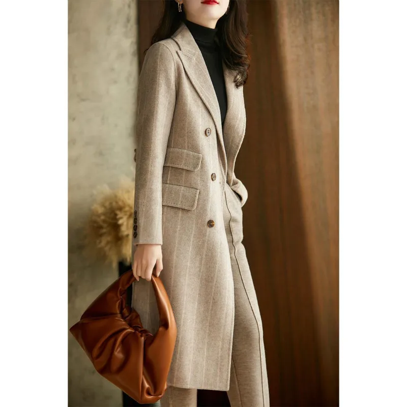 

Fashion Women's Clothing (shipped Within 15) Suit Collar Striped Double Breasted Faux Wool Coat 2020 Winter Fashionable Woolen