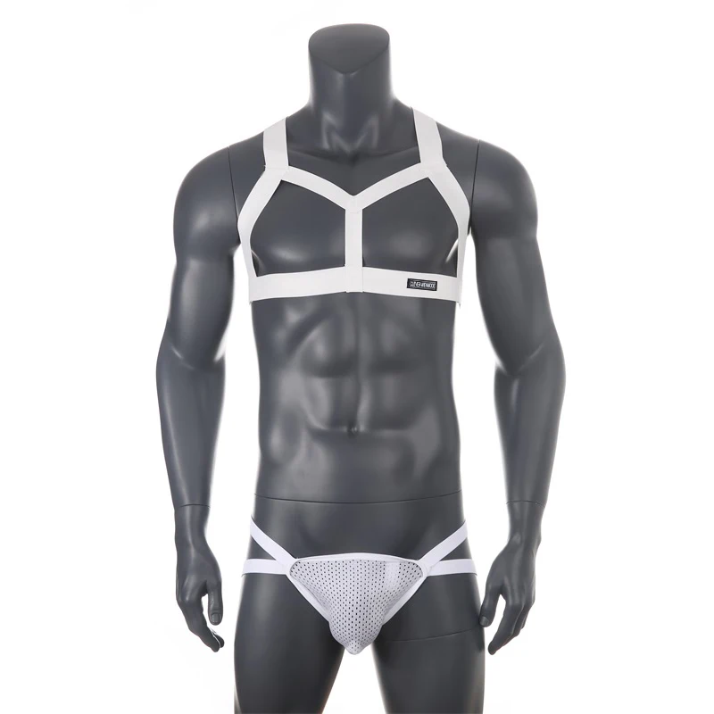 White G-String Thong Jockstrap Set Male Body Chest Harness Style Lingrie Performance Arm Band Bondage Elastic Shoulder Fetish