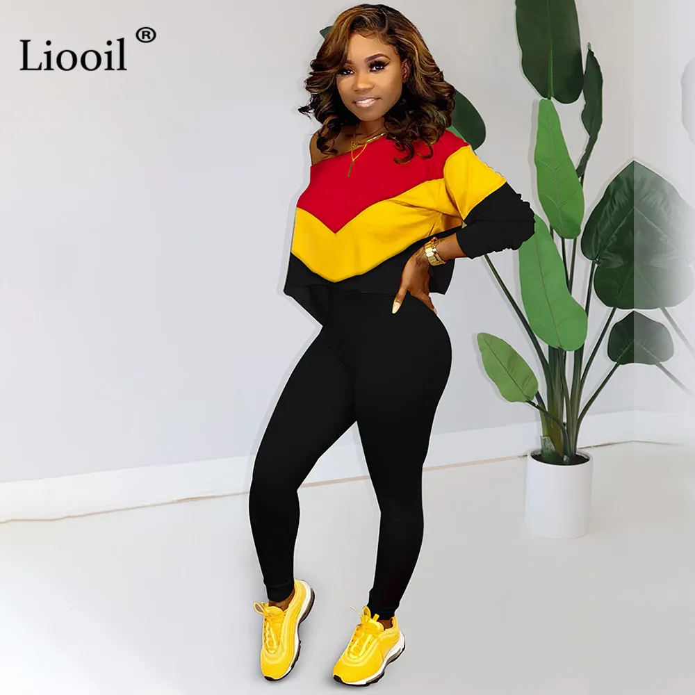 Liooil/спортивный костюм с цветным блоком, Женский комплект из двух предметов, осень, свободный свитер с длинными рукавами и брюки-карандаш, спортивные комплекты