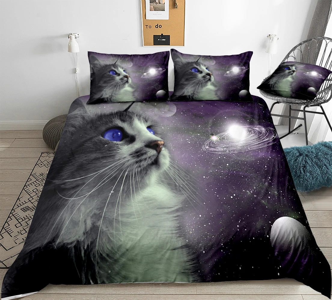 Galaxy Cat пододеяльник набор королева мультфильм Постельное белье животных Постельное белье 3 шт. постельное белье со звездами для детей Прямая поставка пространство