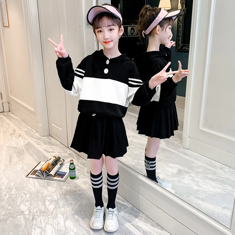 

New Spring Autumn Girls Clothes Suit Children Patchwork Hoodies Jacket Skirt 2pcs/sets Teen Girl Fashion Costume Kids Tracksuits