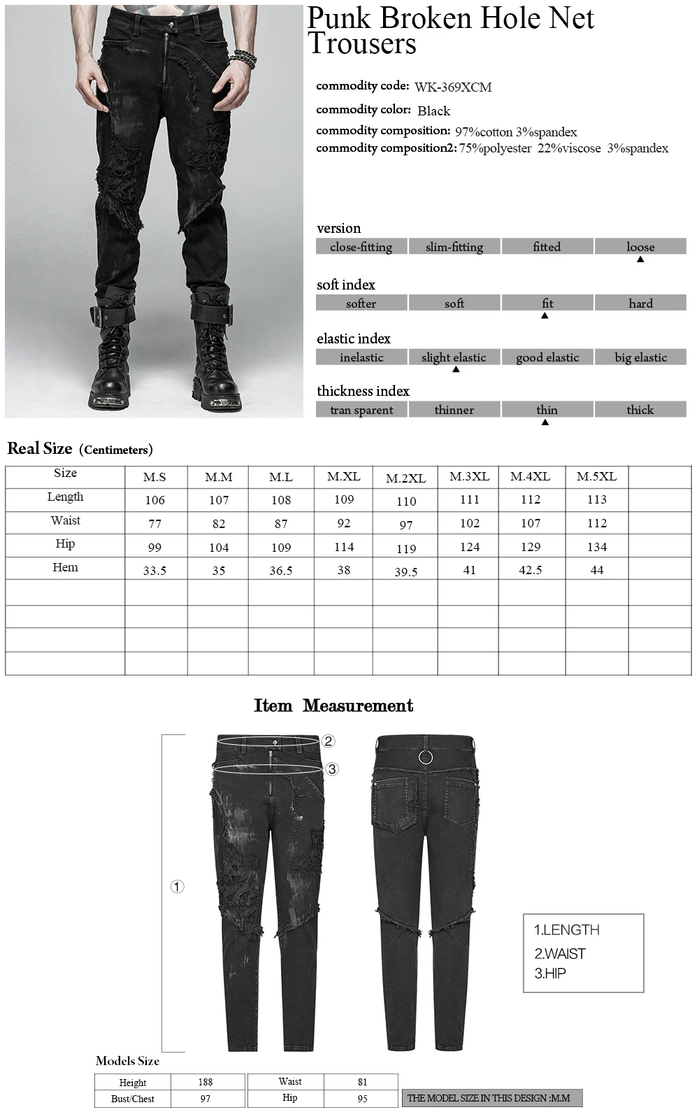 

PUNK RAVE Men's Punk Rock Broken Hole Net Black Long Trousers Gothic Casual Male Motocycle Cotton Denim Streetwear Pencil Pants