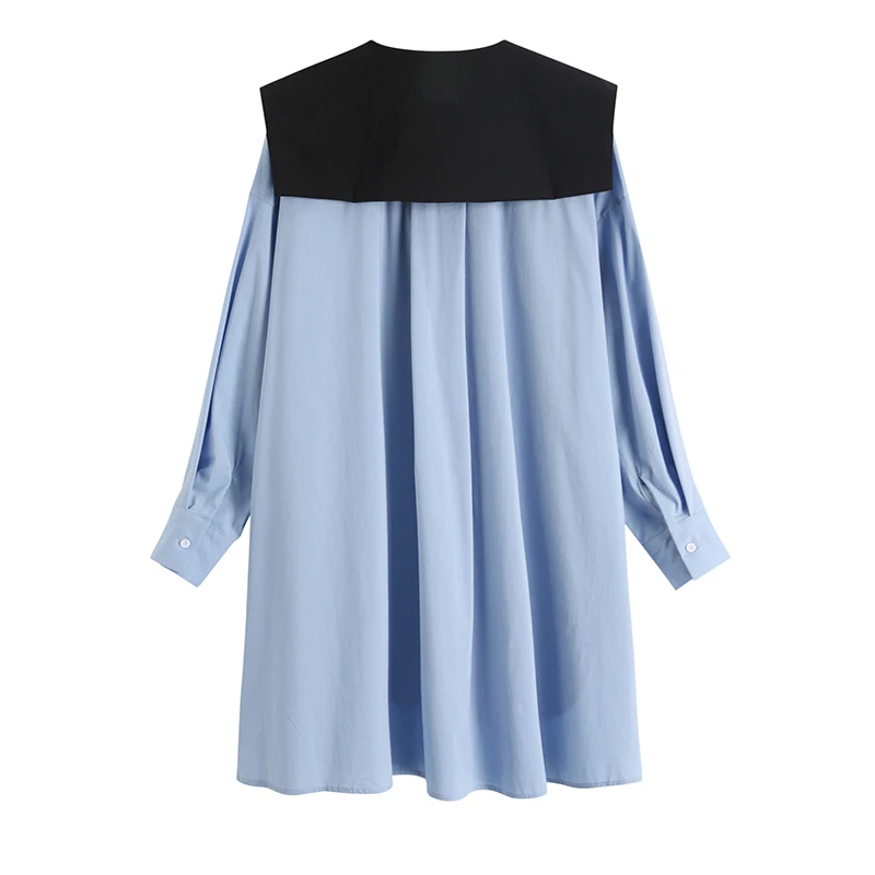 

Women Blue Split Big Size Long Blouse New Round Neck Long Sleeve Loose Fit Shirt Fashion Tide Spring Autumn2021