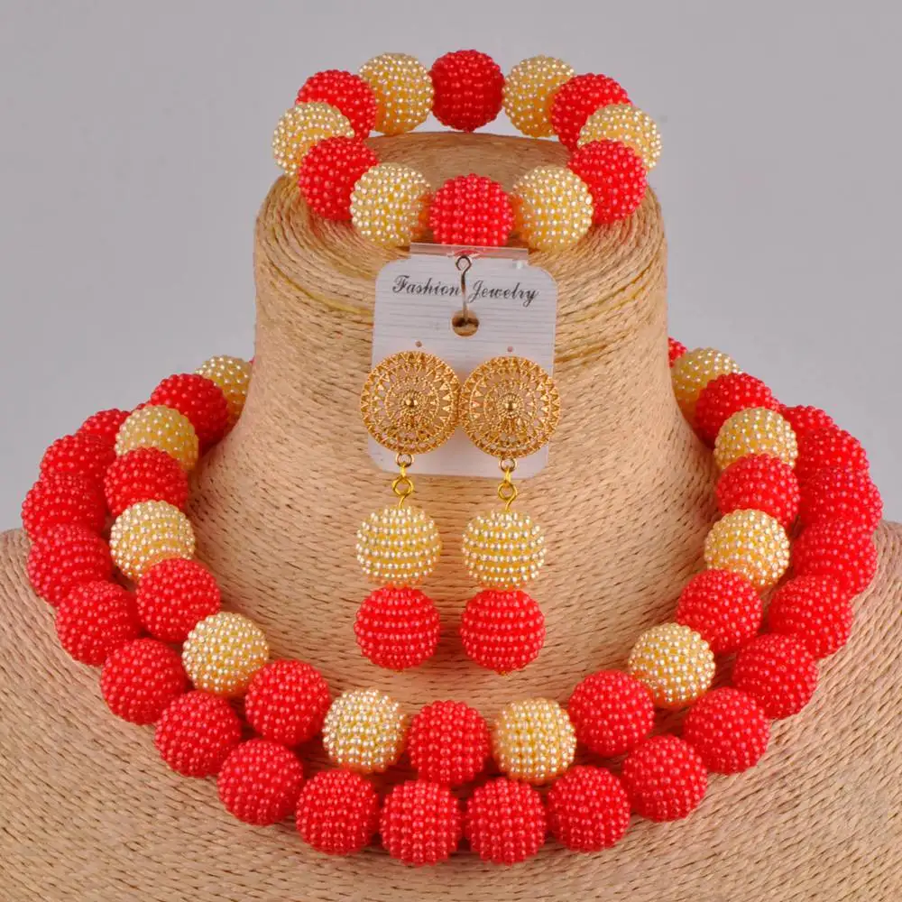 

modish red and champagne gold nigerian wedding beads african necklace costume jewelry set