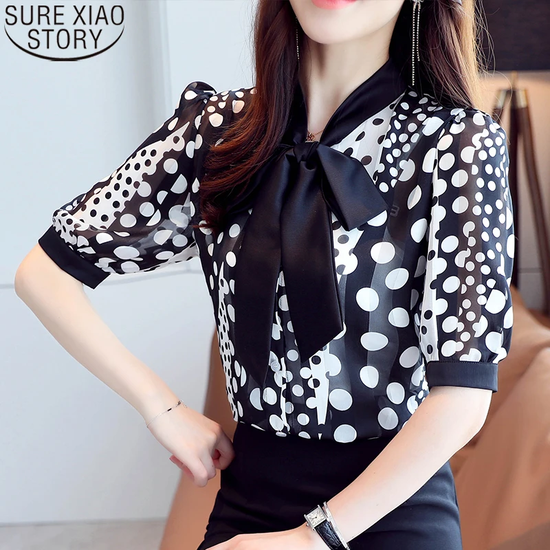 

Women Dot Chiffon Blouse Fashion Bow Shirts OL Style Cardigan 2021 Summer New Chiffon Blouse Blusas Mujer De Moda Tops 10174