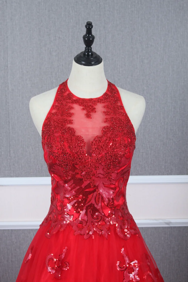 

Red Navy Blue Champagne Prom Dress Long Formal Jewel Neck Sleeveless Glitter Sequined Applques Tulle Floor Length Gown