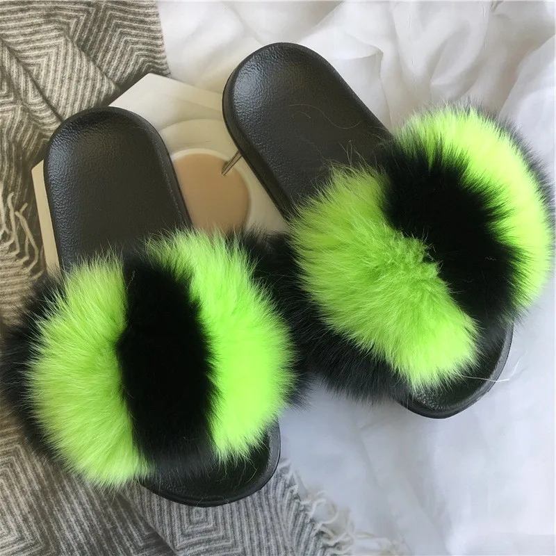 

Casual Women Indoor Furry Fox Fur Slippers Home Flat Fluffy Fur Slides Fashion Plush Fur Flip Flops Ladies Brand Luxury Sandals