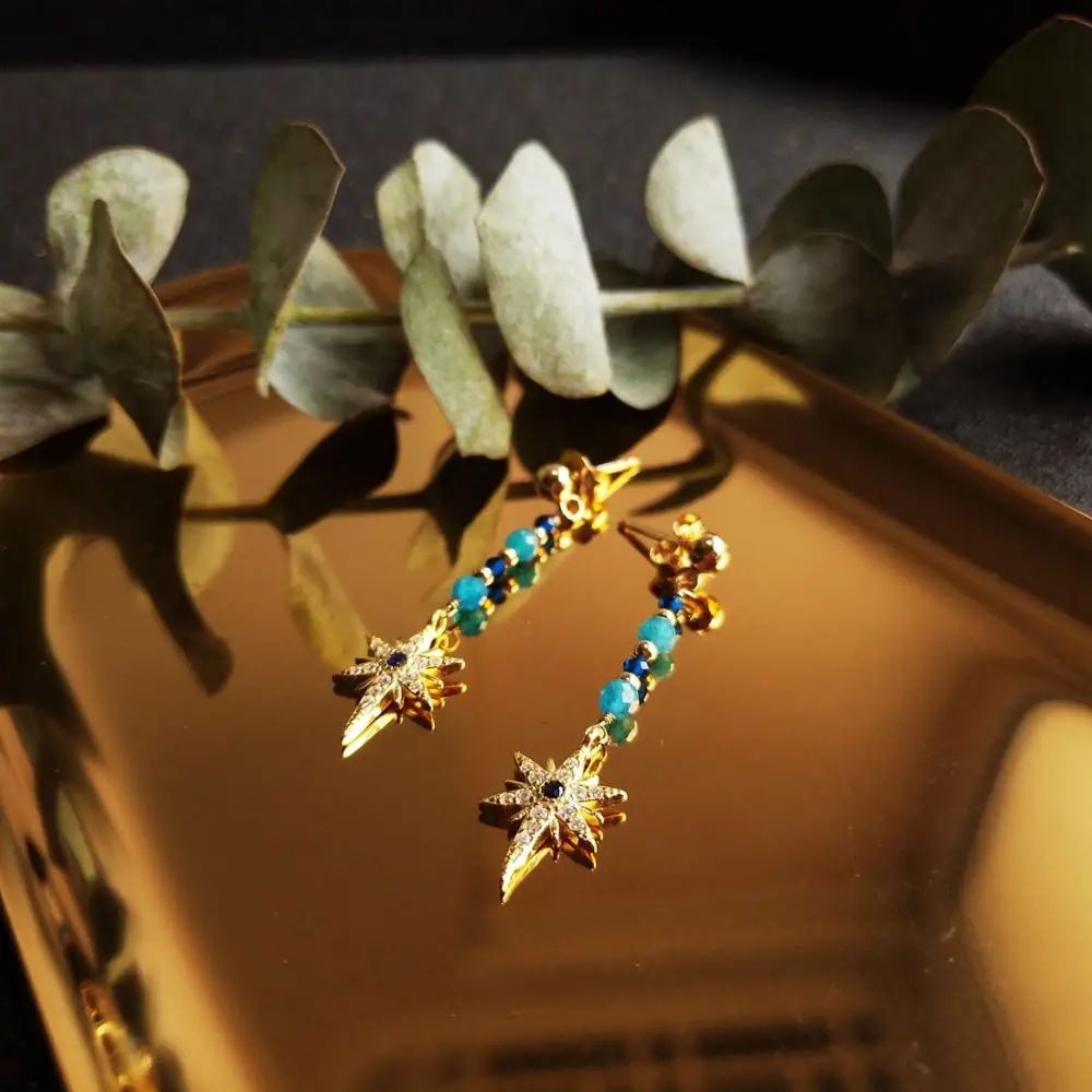 

Lii Ji Blue Apatite Lab-created Sapphire Earrings 925 Sterling Silver 18K Gold Setting Zircon Star Vintage Stud Earrings