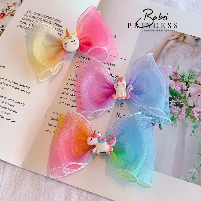 

Cute Pastel Rainbow Unicorn Hair Bows Clips for Girls Princess Bowknot Barettes Hair Accessories Handmade Hair clip Headwear