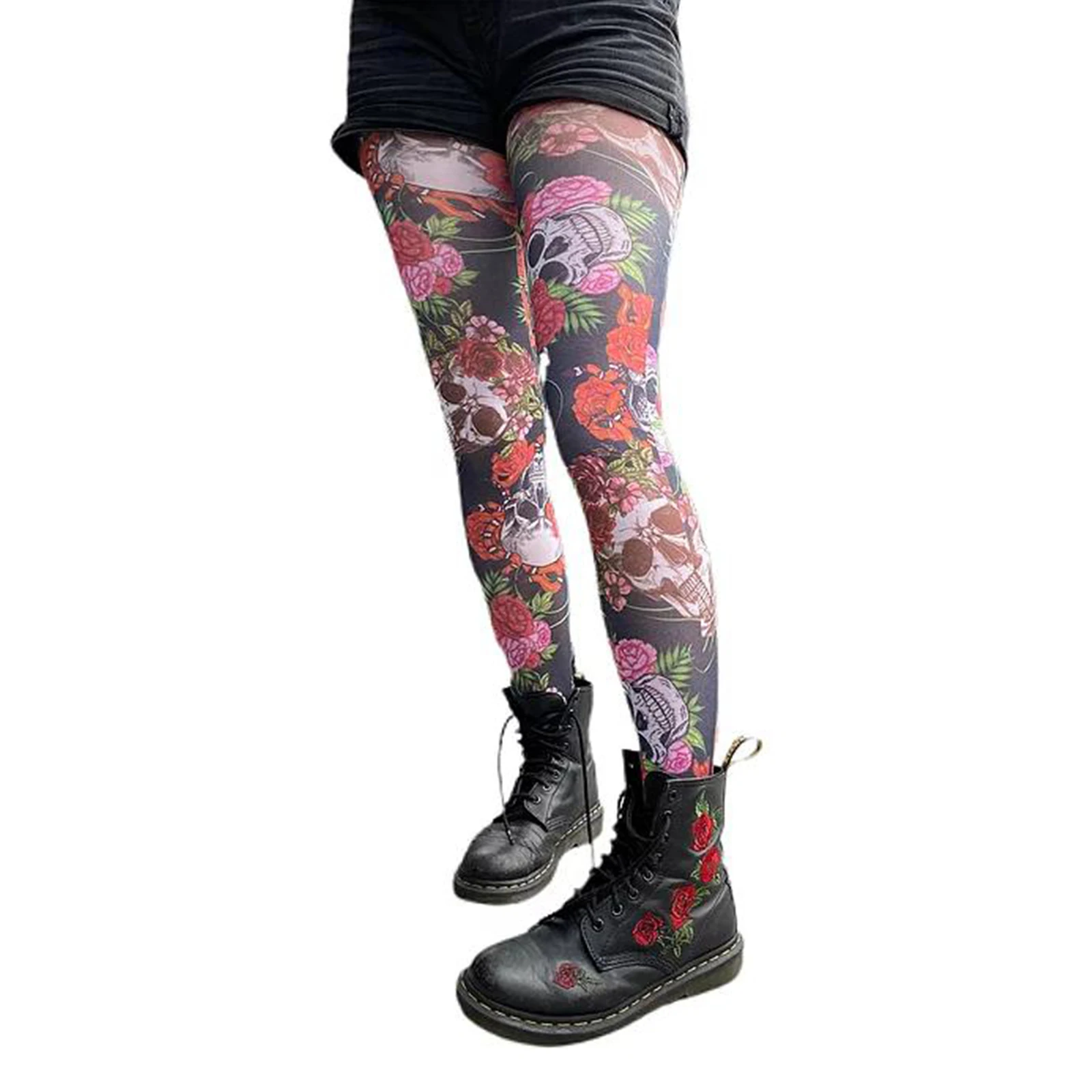 

Hirigin Women's Rose Skull Printed Pantyhose Fashion Compression High Waist Leggings Trousers Pants Sexy Slim Stockings Female