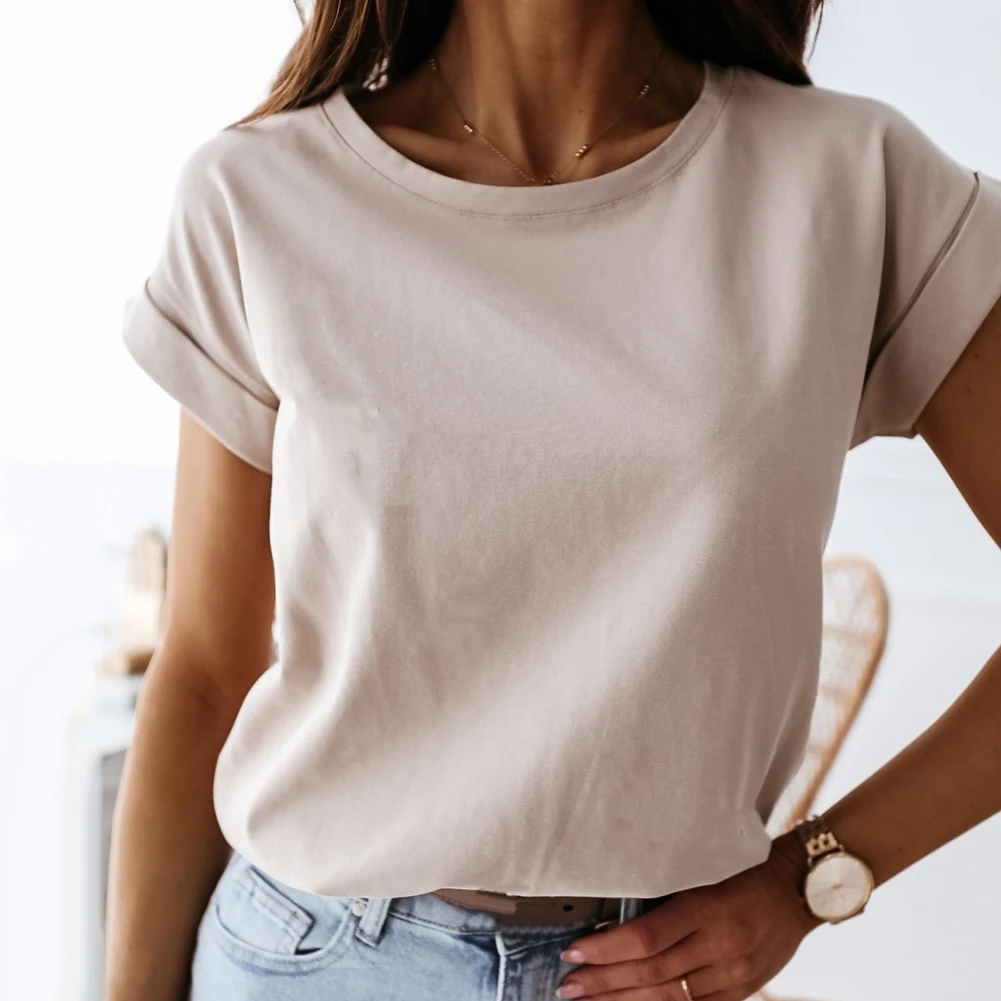 Летняя одежда 2020 женская футболка однотонная дышащая свободная с круглым
