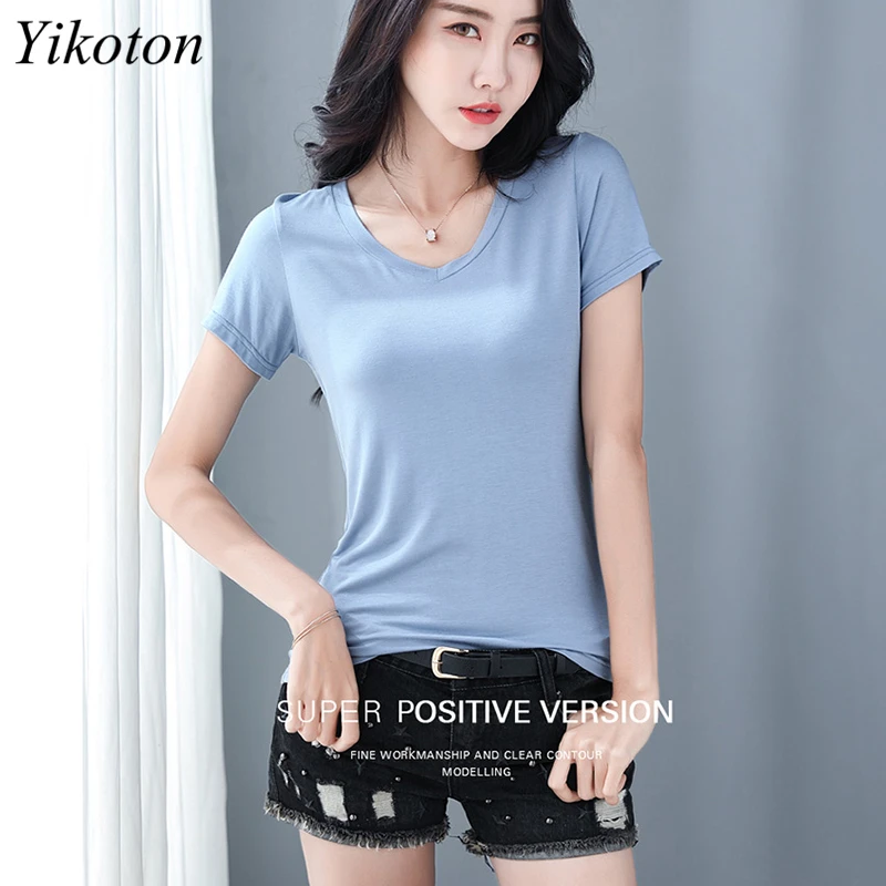 

Модная женская Повседневная однотонная высокоэластичная хлопковая футболка с коротким рукавом 2022 Футболка женская футболка