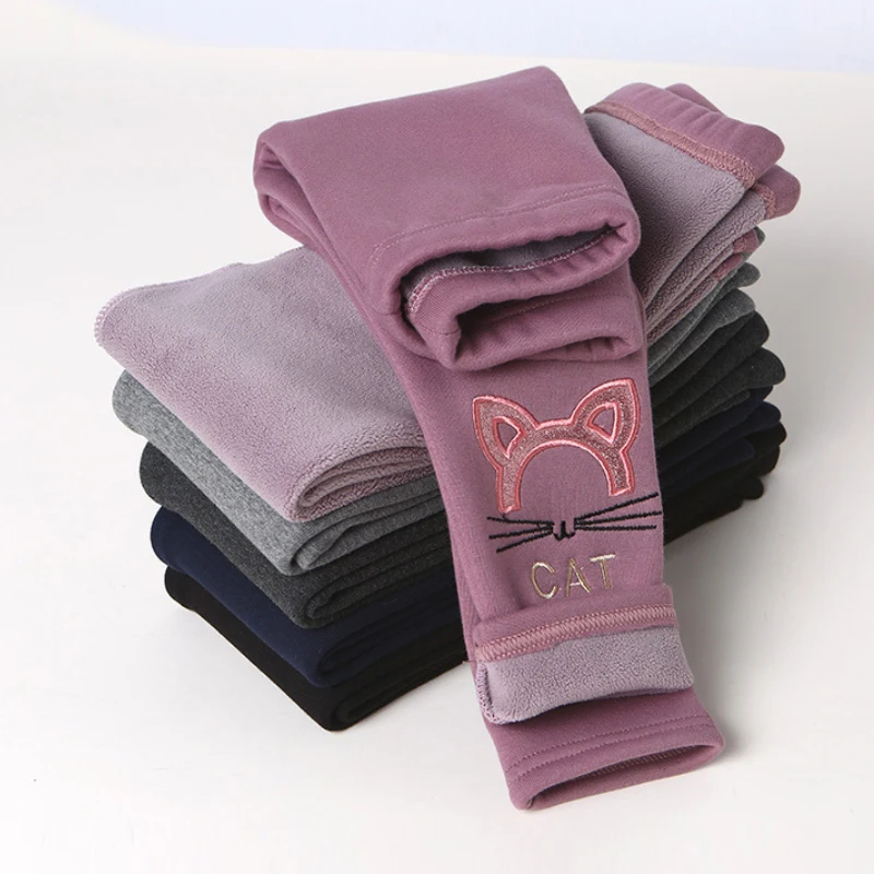 

Warm Leggings for Girls 3 To 6 12 Years Thick Velvet Trousers Cute Cartoon Cat Kids Cashmere Black Gray Pants Children Clothing