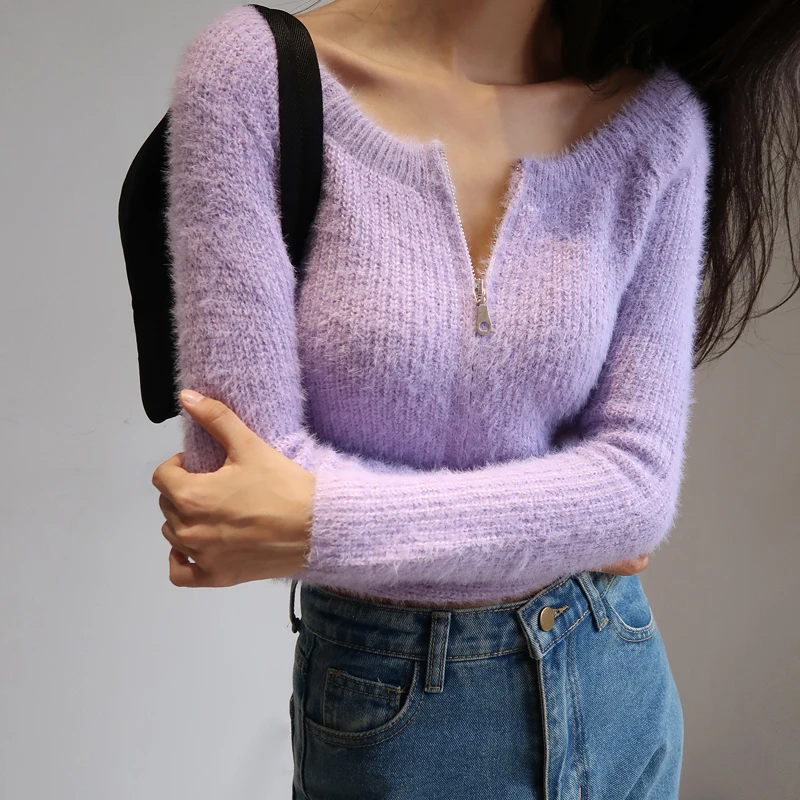

Europe French Slash Neck Pull Color Furry High Waist Slimming Short Umbilical Long Sleeve Sweater Zipper Knitted Cardigan 1RW
