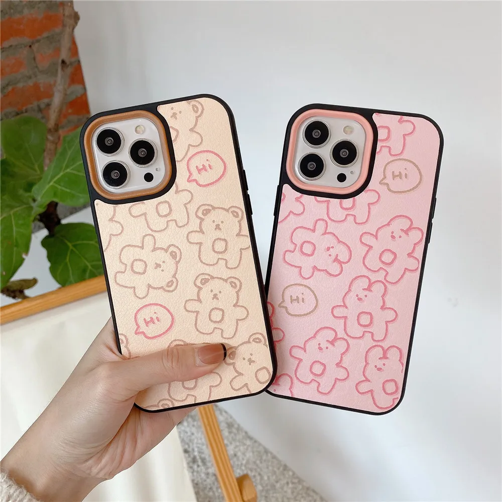 

3 IN 1 Cartoon Line Bear Phone Case For iPhone 13 12 11 PRO MAX XS XR X 7 8 PLUS Silicone Soft Camera Protective Cover