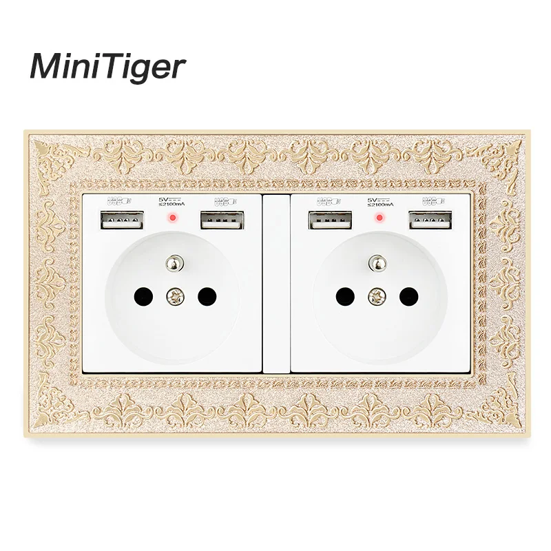 Настенная розетка Minitiger 2 клавиши французская стандартная с 4 USB портами для