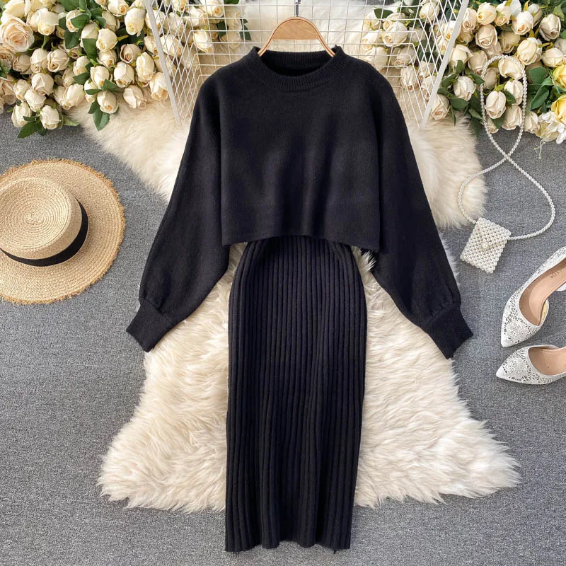 

Aibeautyer Women Autumn Winter V Neck Sleeveless Elastic Bodycon Tank Dress Two Piece Suits Knitted Set O Neck Long Sleeve Tops
